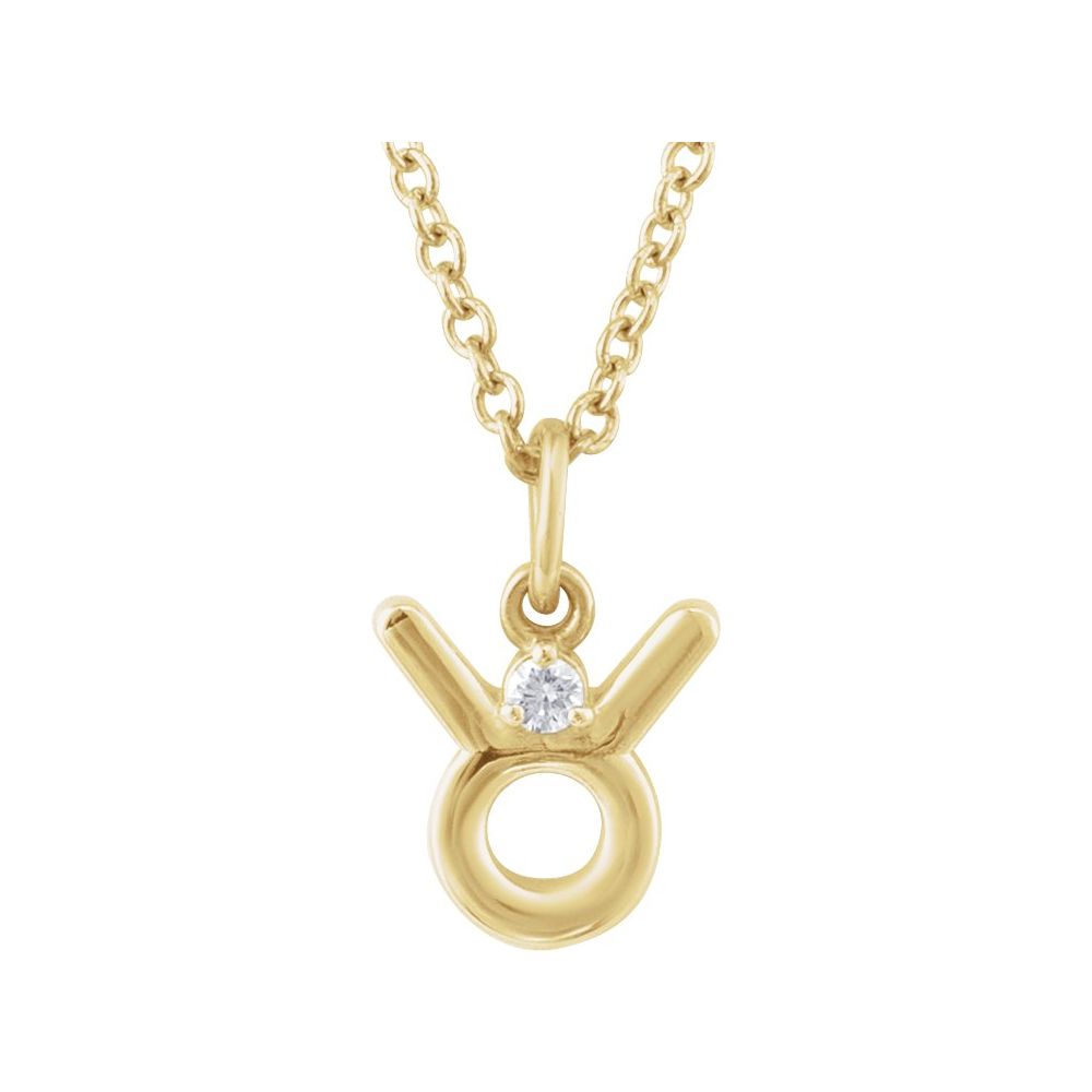 14K Solid Gold Taurus Zodiac Necklace featuring a natural diamond. Polished finish, adjustable 16-18 inches. Front view.
