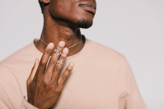 Man in long-sleeve shirt touching a silver necklace pendant while wearing a silver ring on his hand