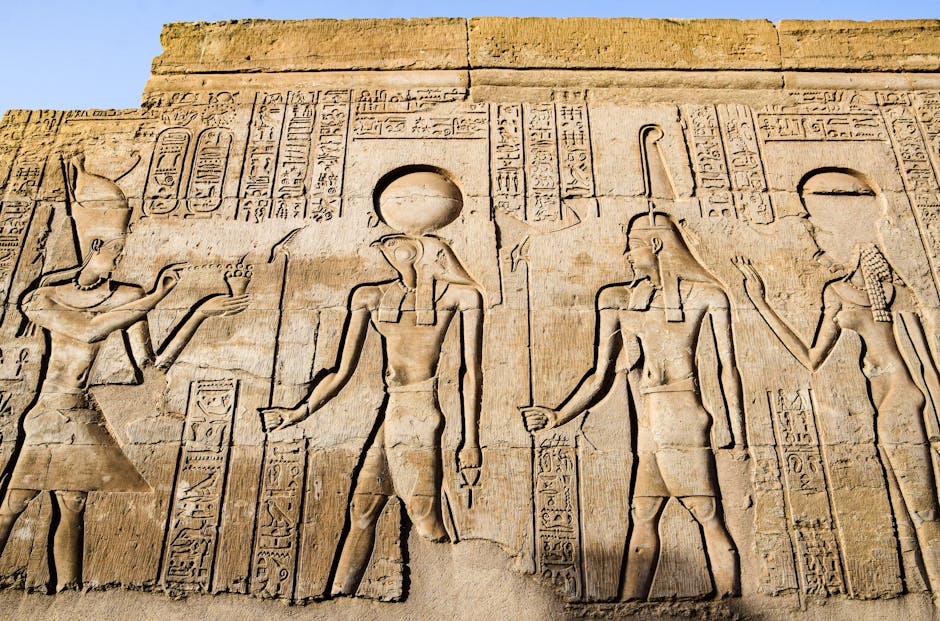 Eye of Horus carved in stone relief on ancient Egyptian temple wall, Luxor