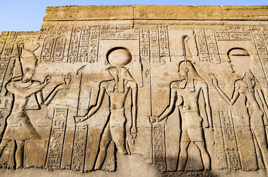 Eye of Horus carved in stone relief on ancient Egyptian temple wall, Luxor