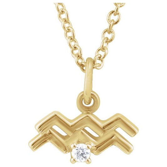 14K Yellow Gold .015 CT Natural Diamond Aquarius Zodiac 16-18" Necklace