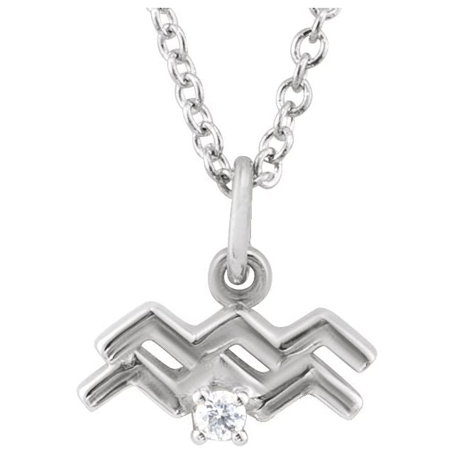 14K White Gold .015 CT Natural Diamond Aquarius Zodiac 16-18" Necklace