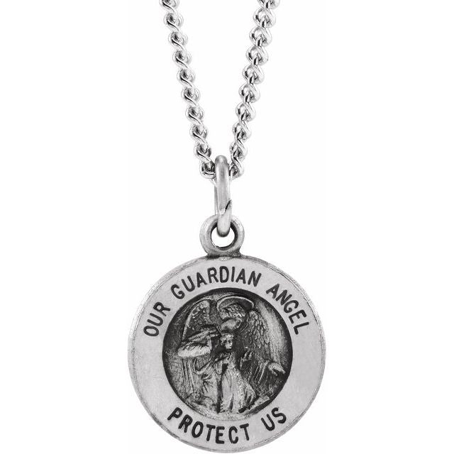 Sterling Silver 18 mm Guardian Angel Medal 18" Necklace