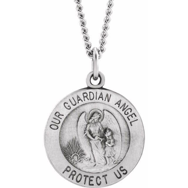 Sterling Silver 15 mm Guardian Angel Medal 18" Necklace