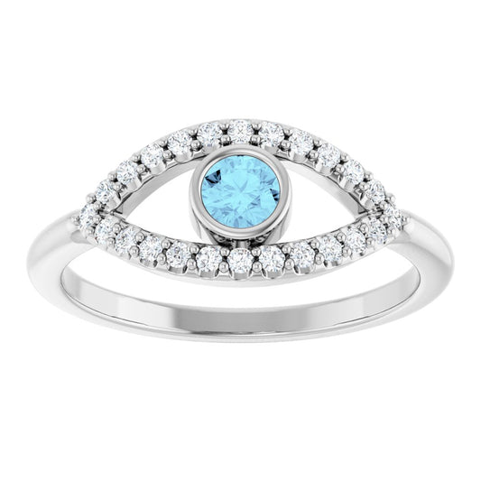 Sterling Silver Aquamarine & White Sapphire Evil Eye Ring