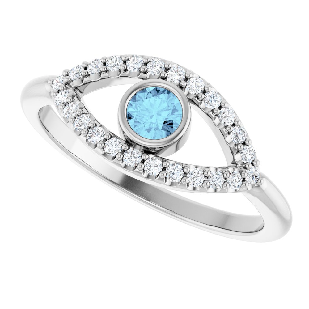 Sterling Silver Aquamarine & White Sapphire Evil Eye Ring