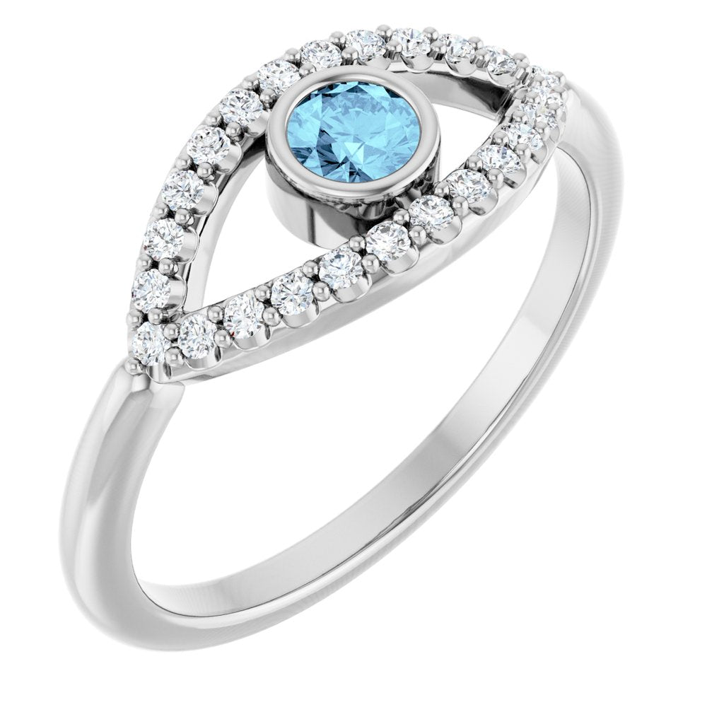 Sterling Silver Aquamarine & White Sapphire Evil Eye Ring