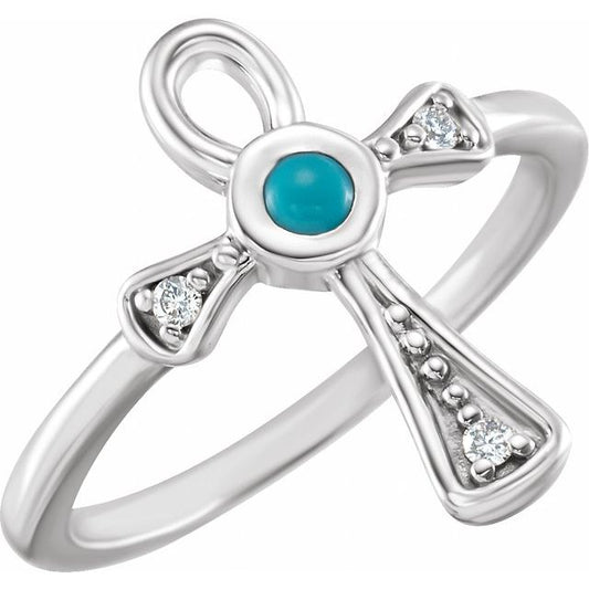 Sterling Silver Natural Turquoise & .04 CTW Natural Diamond Ankh Cross Ring