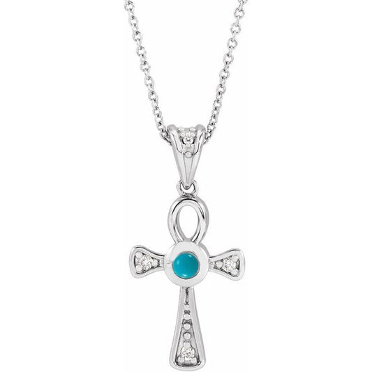 Sterling Silver Natural Turquoise & .04 CTW Natural Diamond Ankh Cross 16-18' Necklace