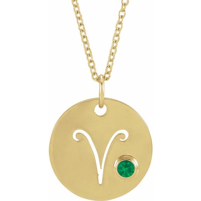 14K Yellow Gold Natural Emerald Aries Zodiac 16-18" Necklace