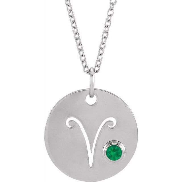 14K White Gold Natural Emerald Aries Zodiac 16-18" Necklace