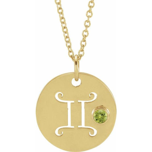 14K Yellow Gold Natural Peridot Gemini Zodiac 16-18" Necklace