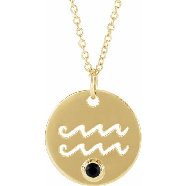 14K Yellow Gold Natural Black Spinel Aquarius Zodiac 16-18" Necklace