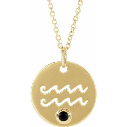14K Yellow Gold Natural Black Spinel Aquarius Zodiac 16-18" Necklace