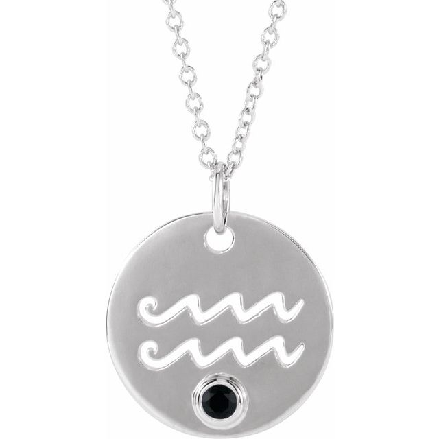 14K White Gold Natural Black Spinel Aquarius Zodiac 16-18" Necklace
