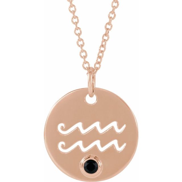 14K Rose Gold Natural Black Spinel Aquarius Zodiac 16-18" Necklace