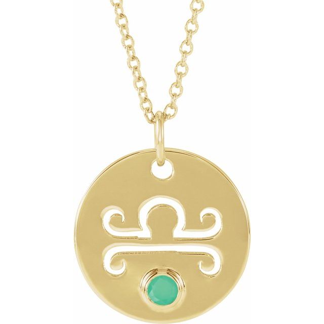 14K Yellow Gold Natural Green Chrysoprase Libra Zodiac 16-18" Necklace