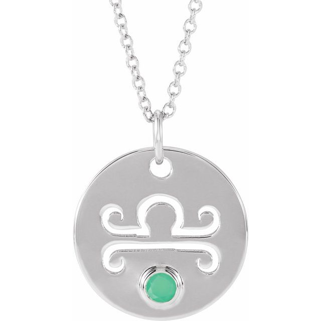 14K White Gold Natural Green Chrysoprase Libra Zodiac 16-18" Necklace