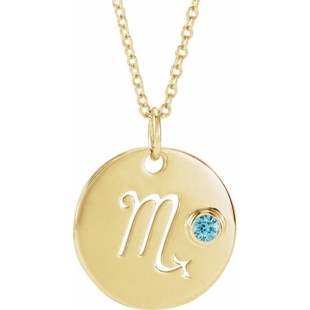 14K Yellow Gold Natural Blue Zircon Scorpio Zodiac 16-18" Necklace