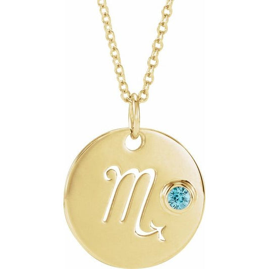 14K Yellow Gold Natural Blue Zircon Scorpio Zodiac 16-18" Necklace