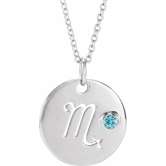 14K White Gold Natural Blue Zircon Scorpio Zodiac 16-18" Necklace