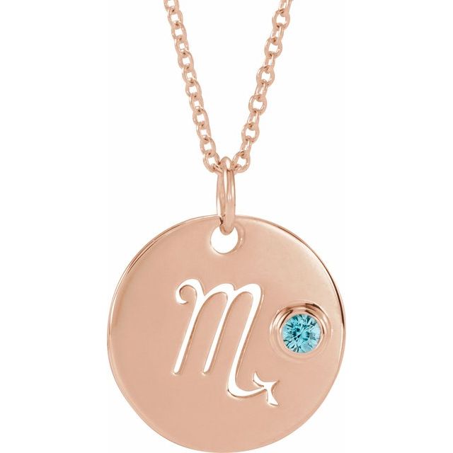 14K Rose Gold Natural Blue Zircon Scorpio Zodiac 16-18" Necklace