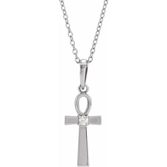 Sterling Silver .03 CT Natural Diamond Ankh Cross 16-18" Necklace
