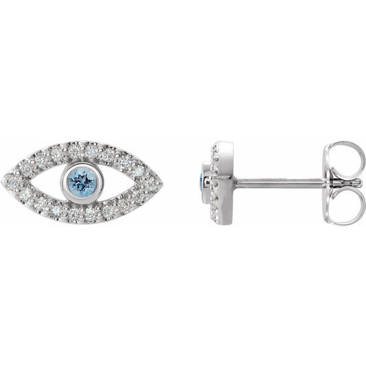 Sterling Silver Aquamarine & White Sapphire Evil Eye Stud Earrings