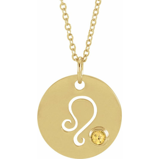 Leo Zodiac Disc Necklace with Natural Citrine in 14K Gold