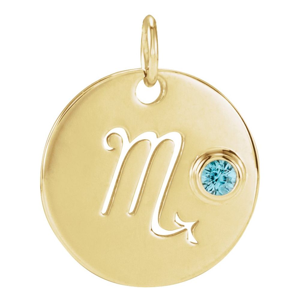 Scorpio Zodiac Disc Necklace with Natural Blue Zircon in 14K Gold