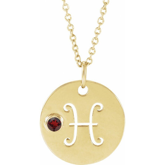 Pisces Zodiac Disc Necklace with Natural Mozambique Garnet in 14K Gold