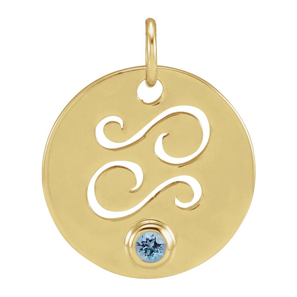 Cancer Zodiac Disc Necklace with Natural Aquamarine in 14K Gold