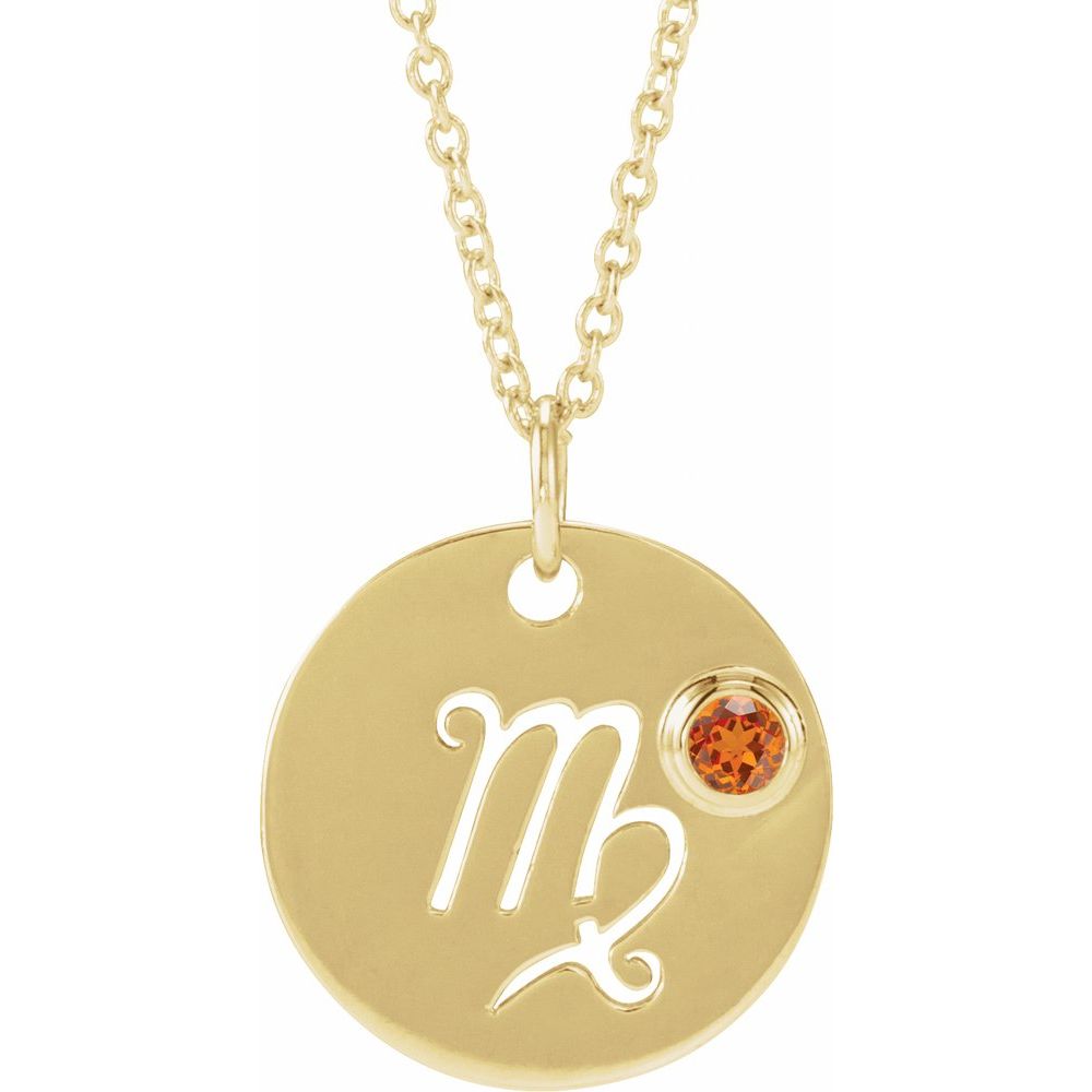 Virgo Zodiac Disc Necklace with Natural Spessartite Garnet in 14K Gold