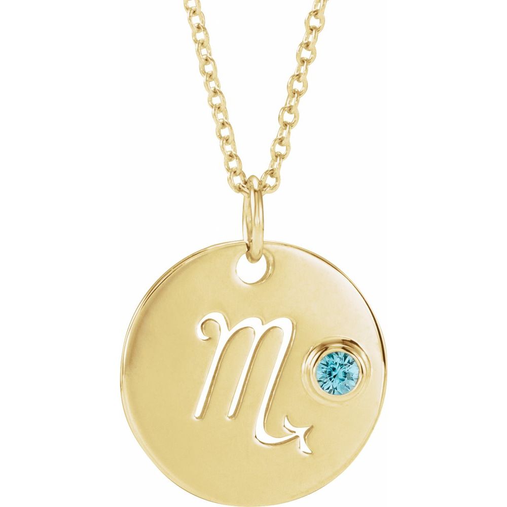 Scorpio Zodiac Disc Necklace with Natural Blue Zircon in 14K Gold