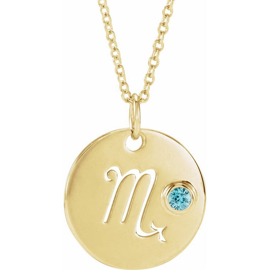 Scorpio Zodiac Disc Necklace with Natural Blue Zircon in 14K Gold