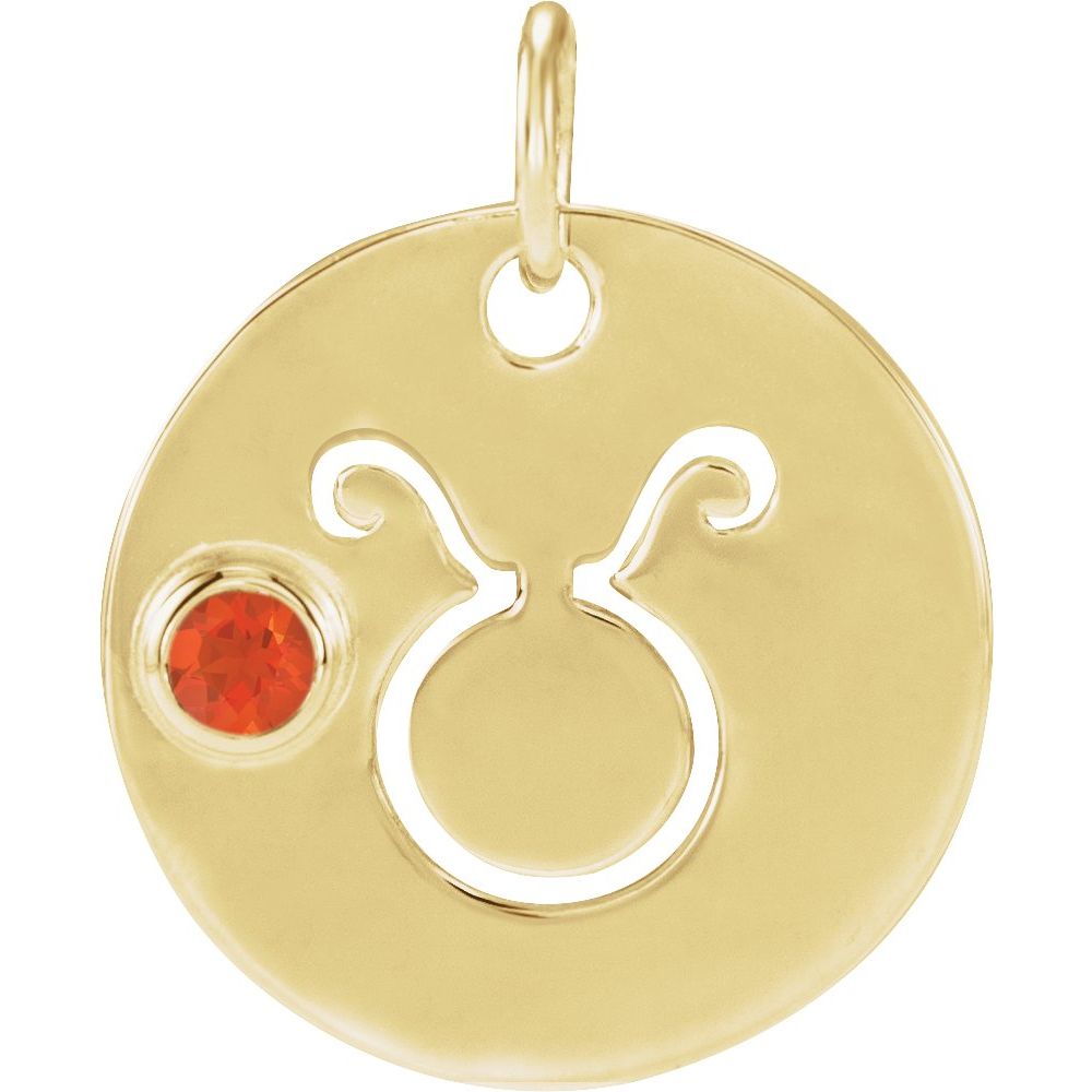 Taurus Zodiac Disc Necklace with Natural Mexican Fire Opal in 14K Gold