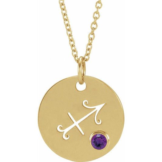 Sagittarius Zodiac Disc Pendant with Natural Amethyst in 14K Gold