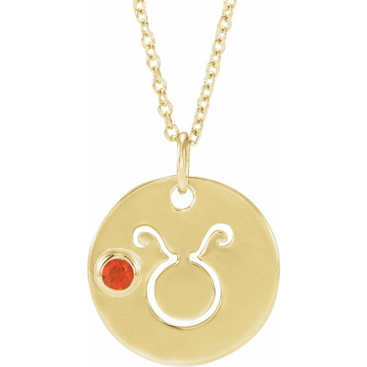 Taurus Zodiac Disc Necklace with Natural Mexican Fire Opal in 14K Gold