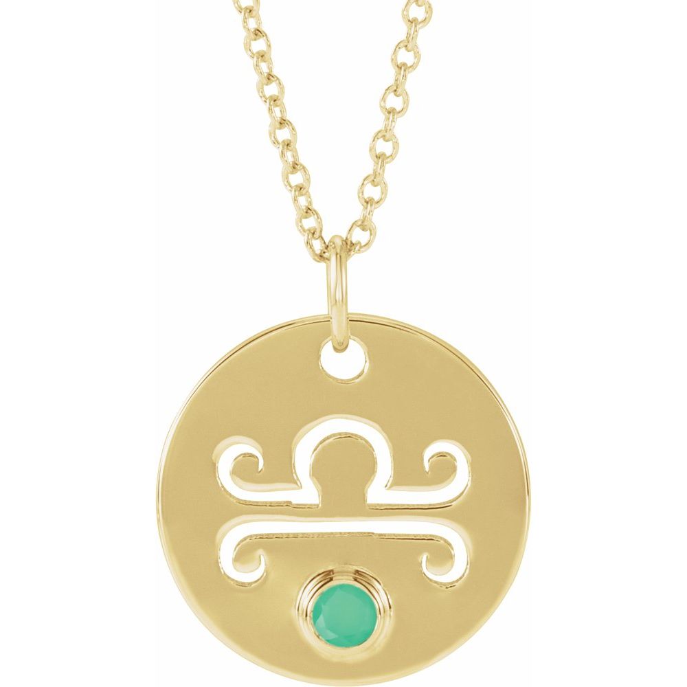 Libra Zodiac Disc Necklace with Natural Green Chrysoprase in 14K Gold