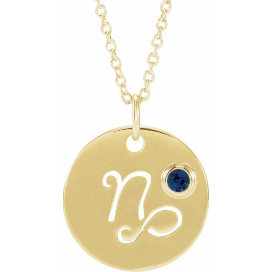 Capricorn Zodiac Disc Necklace with Natural Blue Sapphire in 14K Gold