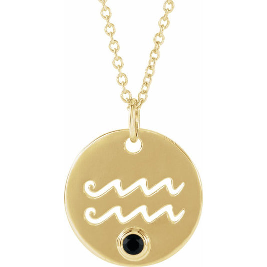 Aquarius Zodiac Disc Necklace with Natural Black Spinel in 14K Gold