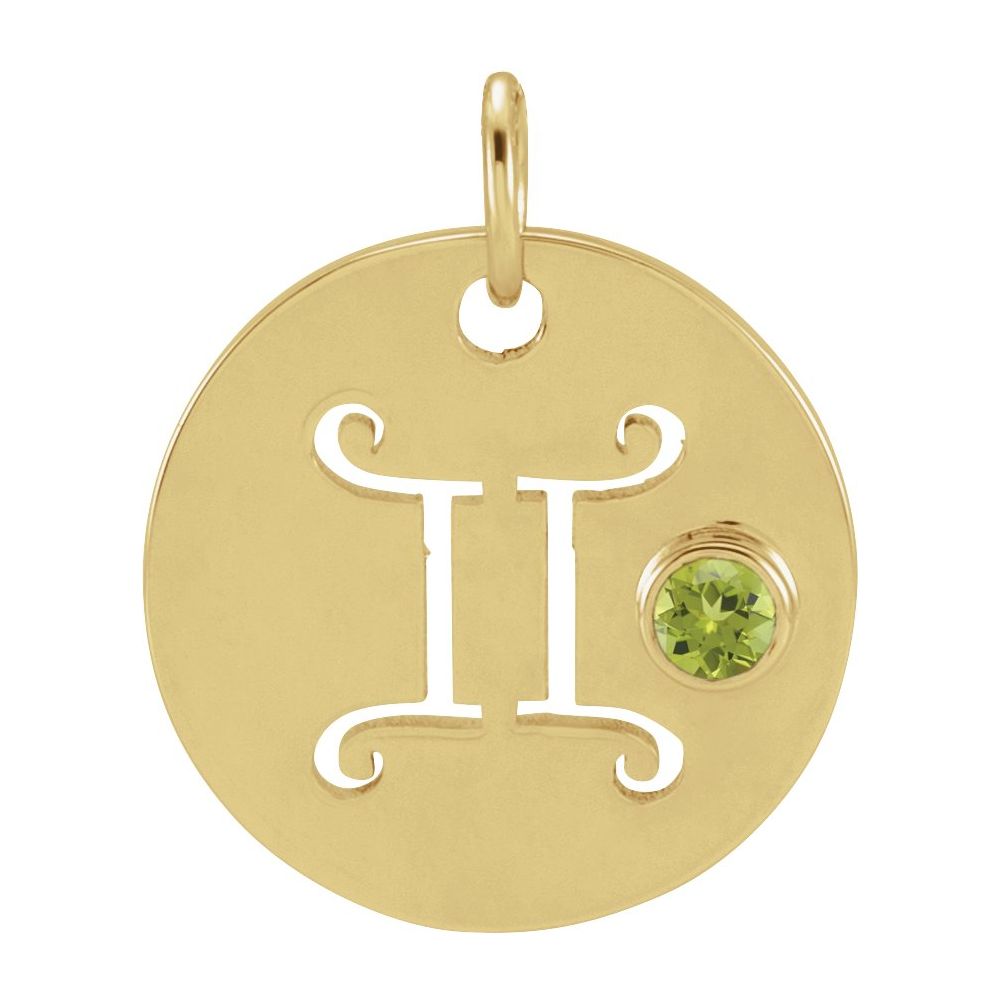 Gemini Zodiac Disc Necklace with Natural Peridot in 14K Gold