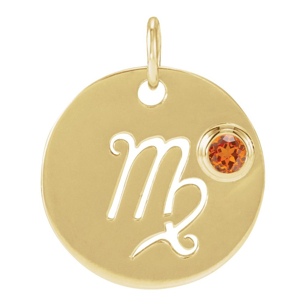 Virgo Zodiac Disc Necklace with Natural Spessartite Garnet in 14K Gold