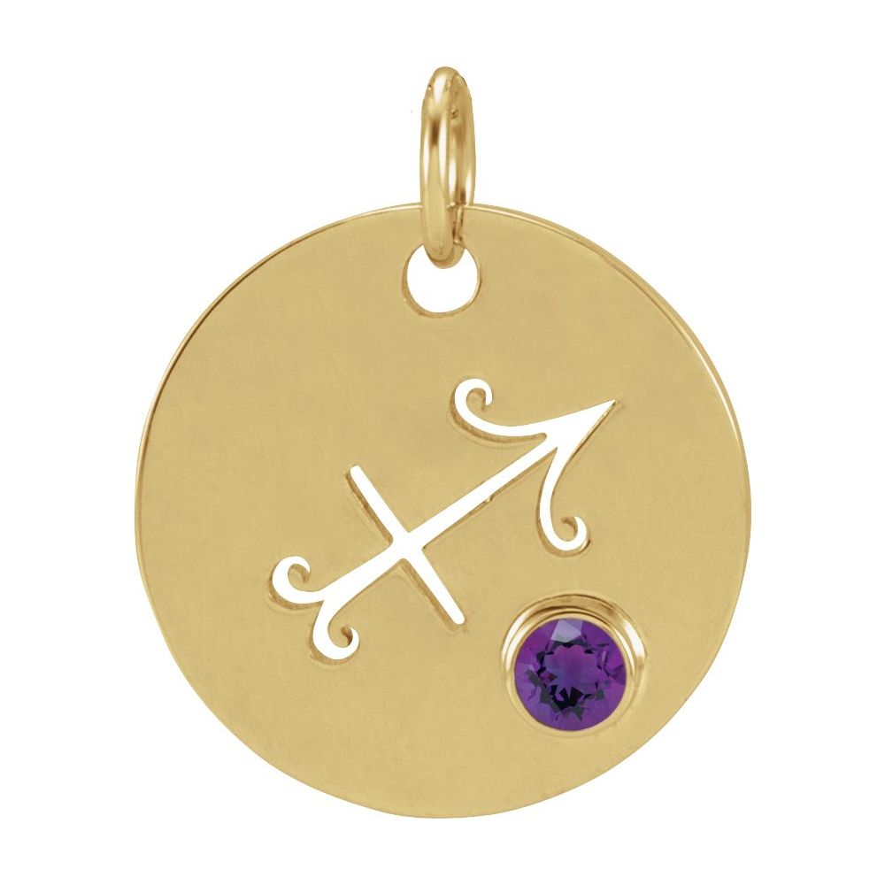 Sagittarius Zodiac Disc Pendant with Natural Amethyst in 14K Gold