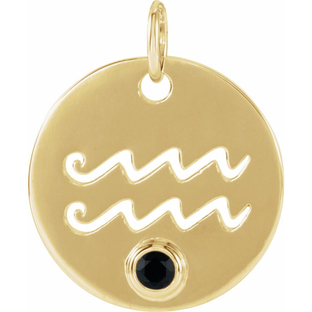 Aquarius Zodiac Disc Necklace with Natural Black Spinel in 14K Gold