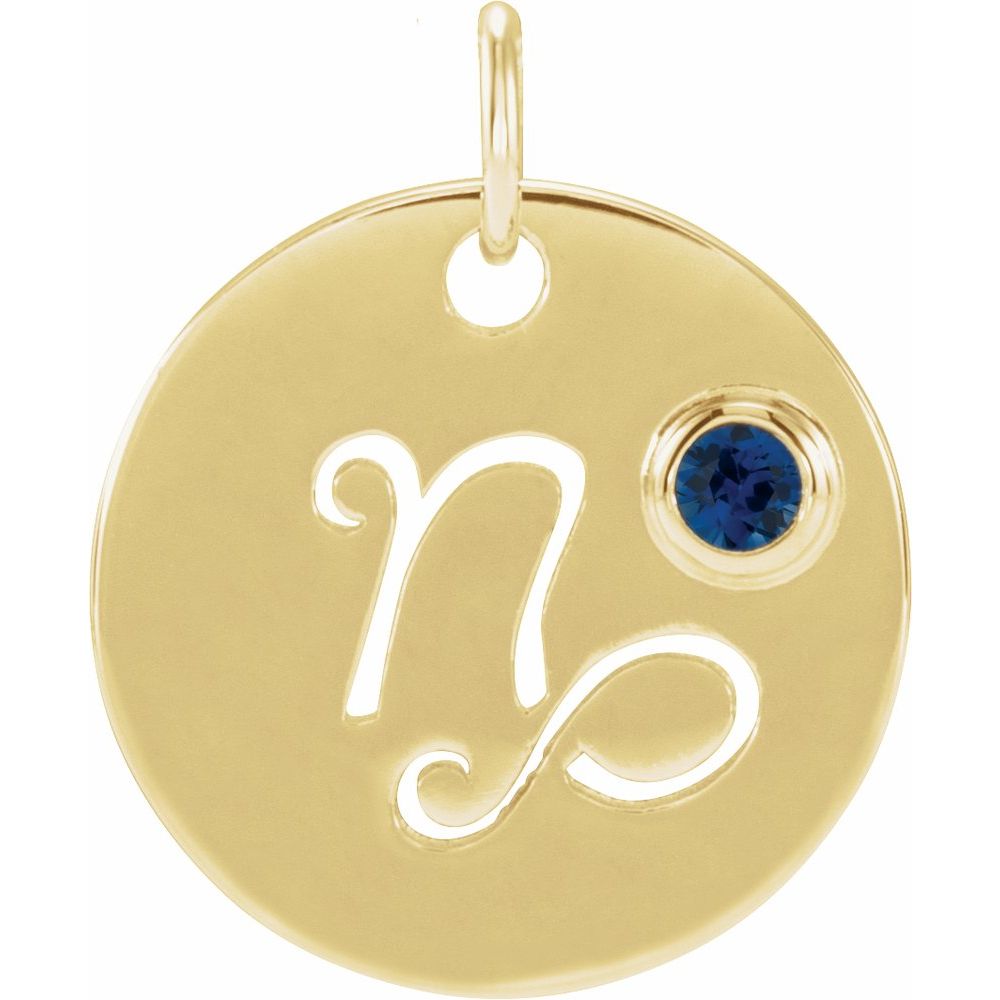 Capricorn Zodiac Disc Necklace with Natural Blue Sapphire in 14K Gold