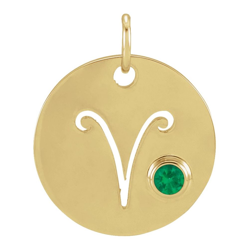 Aries Zodiac Disc Necklace with Natural Emerald in 14K Gold