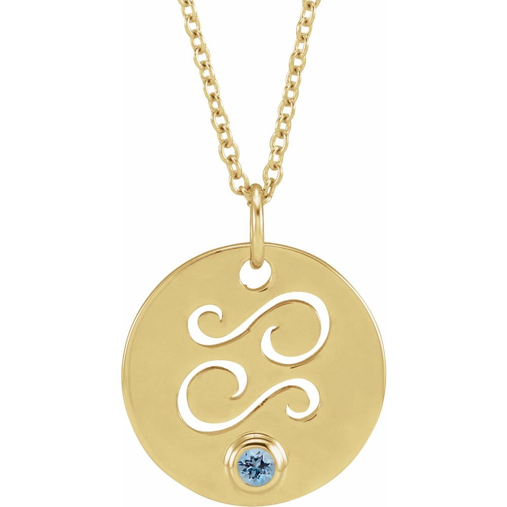 Cancer Zodiac Disc Necklace with Natural Aquamarine in 14K Gold