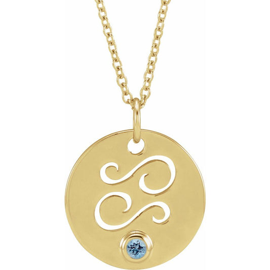 Cancer Zodiac Disc Necklace with Natural Aquamarine in 14K Gold