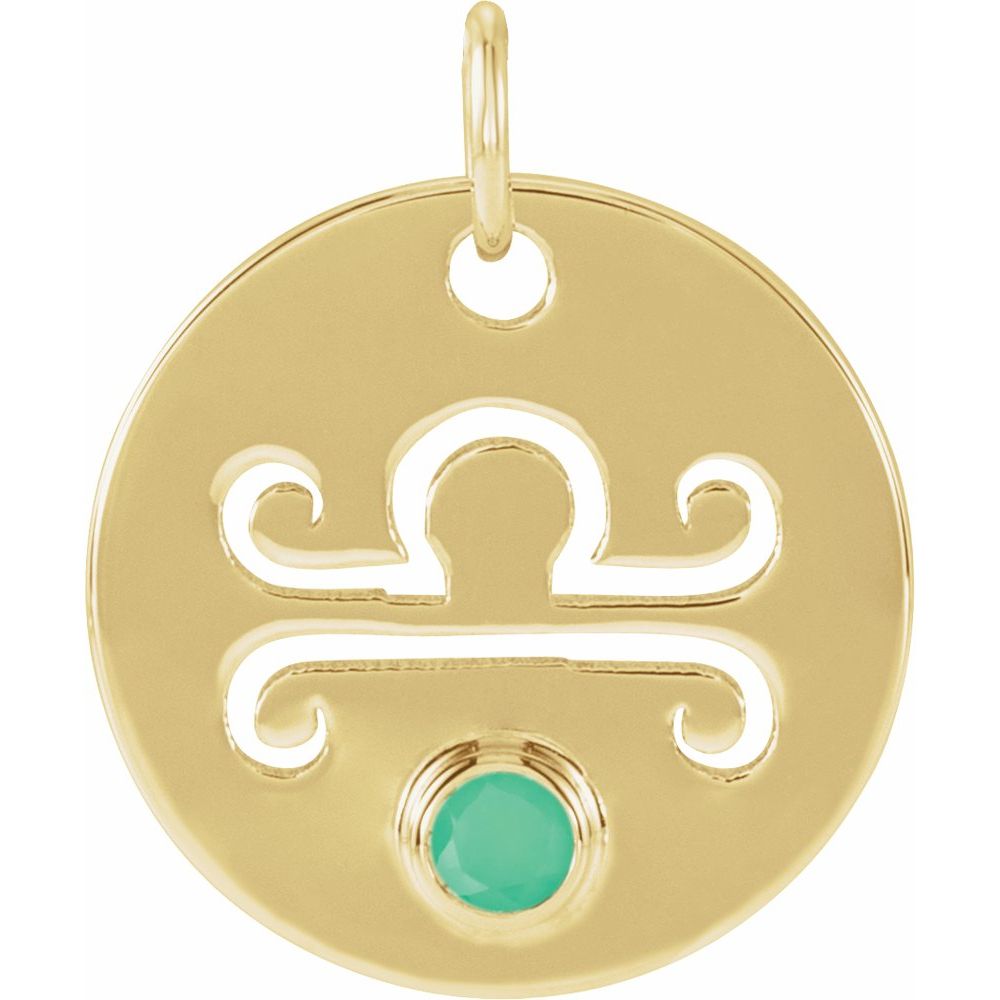 Libra Zodiac Disc Necklace with Natural Green Chrysoprase in 14K Gold